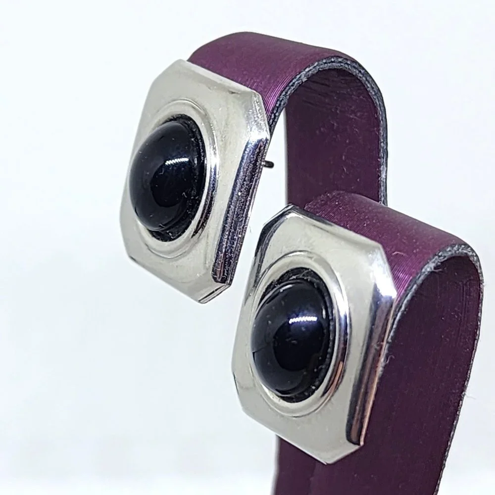 Retro Stainless Steel Rectangle Oval Black Center Stone Pierced Earrings